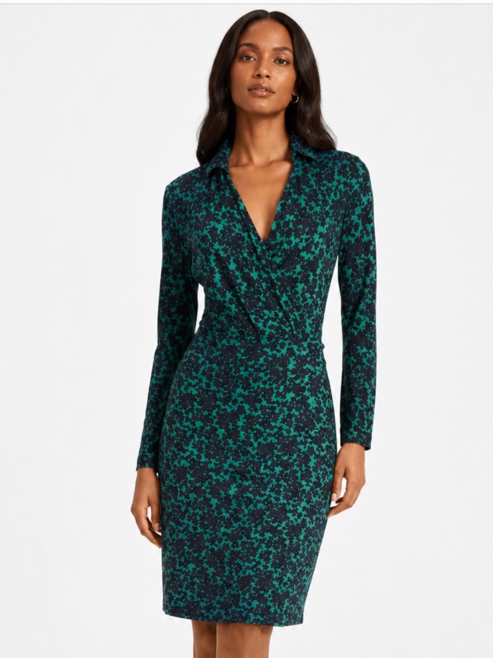 HOBBS London Teal & Navy Floral Wrap-Style Dress Size 2